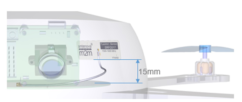 Figure 6. shows the antenna placed inside the casing of a drone, away from  other components, in this example with ample clearance at 15mm